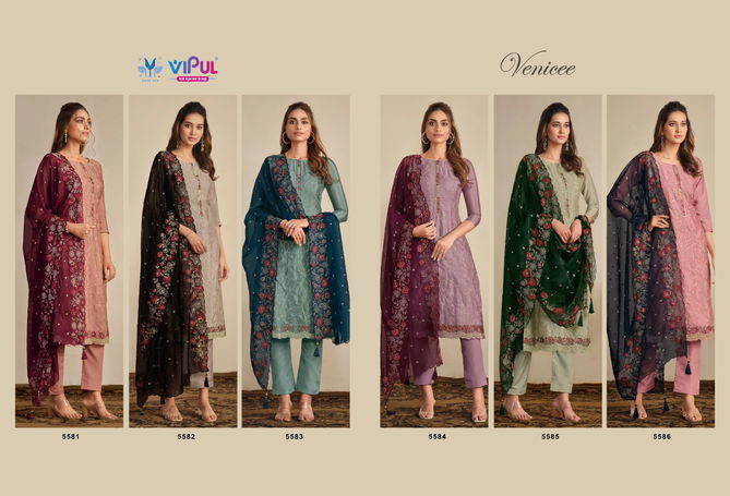 Venicee By Vipul Chinnon Embroidery Designer Salwar Suits Wholesale Price In Surat